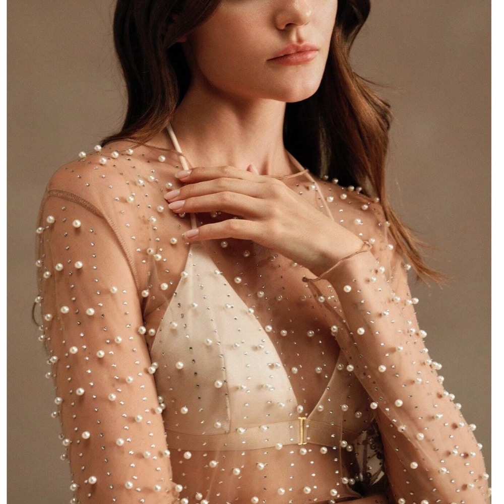 Beaded Tan Sheer Mesh Long Sleeve Shirt with Faux Pearls and Sparkles